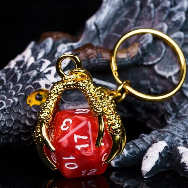 Red & Gold Acrylic in Metal Claw - D20 Keyring