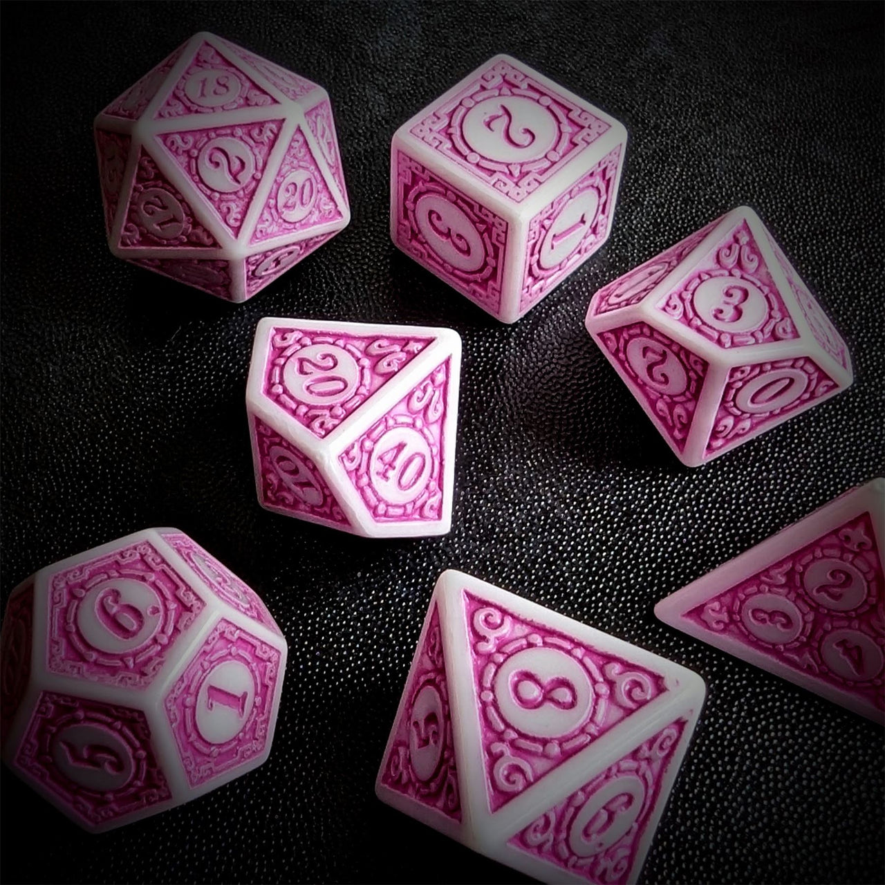 Pink Lattice on White Acrylic - 7pcs RPG Full Dice Set Scatter