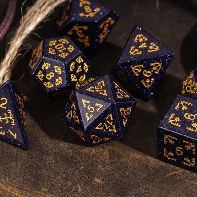 Stars on Black Goldstone Gemstone - 7pcs RPG Dice Set