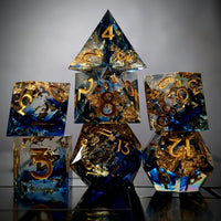 Thumbnail for Blue Swirl in Clear with Gold Foil Sharp Resin - 7pcs RPG Dice Set