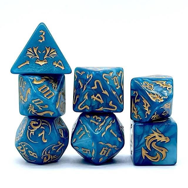 Gold Dragon on Blue Acrylic - 7pcs RPG Full Dice Set