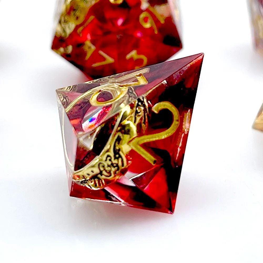 Gold Ring in Red & Clear Filled Sharp Resin - 7pcs RPG Dice Set