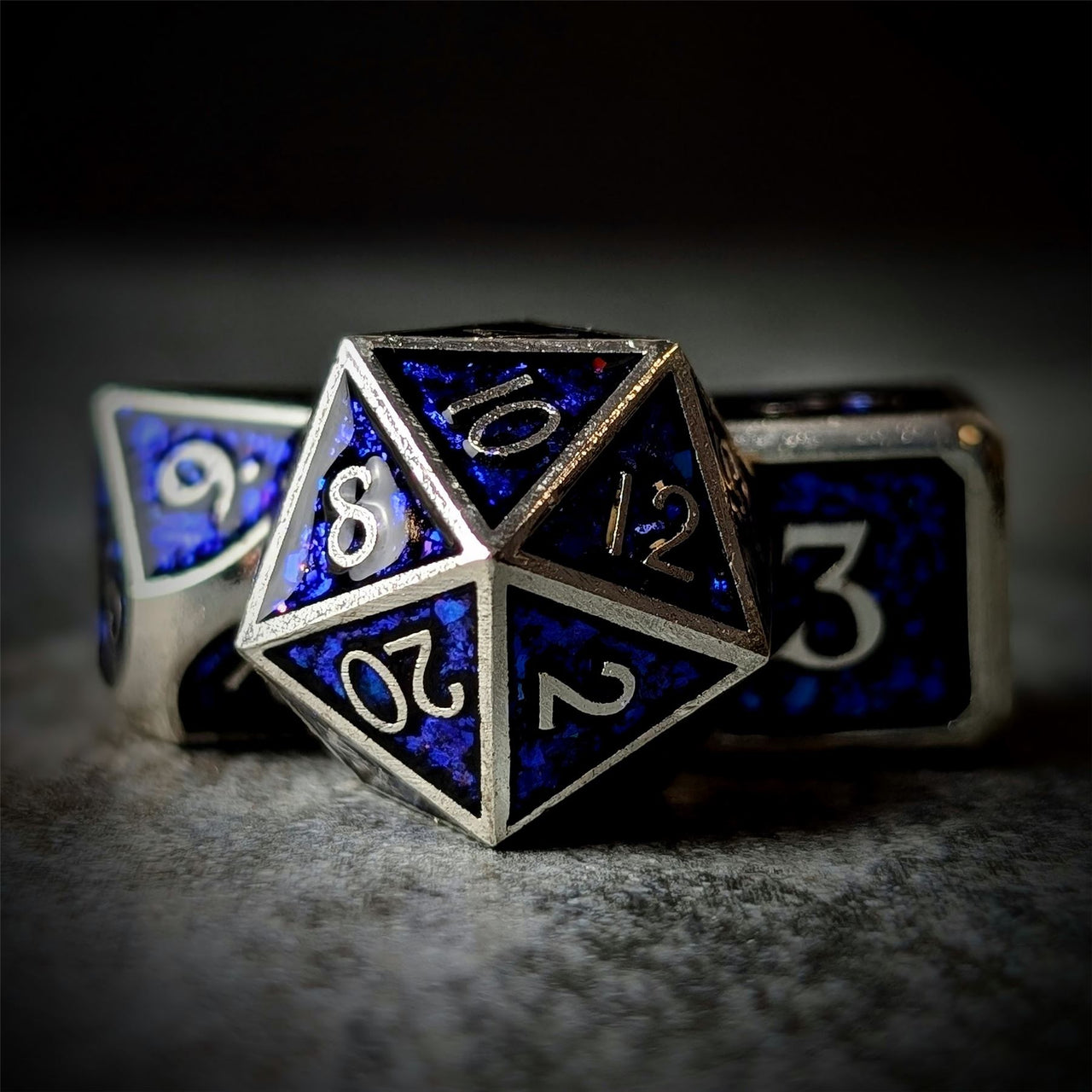 Glitter Blue Enamel in Silver Metal - 7pcs RPG Dice Set