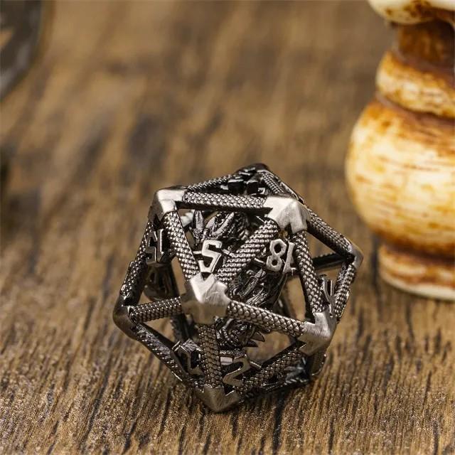 Dragon in Washed Nickel Metal - Hollow D20 RPG Dice