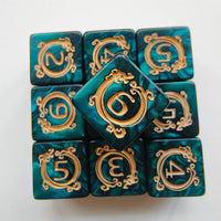 Thumbnail for 6pcs D6 17mm Dice Acrylic Blend Square Dragon Circle Gold Font Green