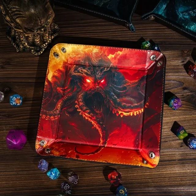 Cthulu on Red PU Leather - Square Hard Dice Tray