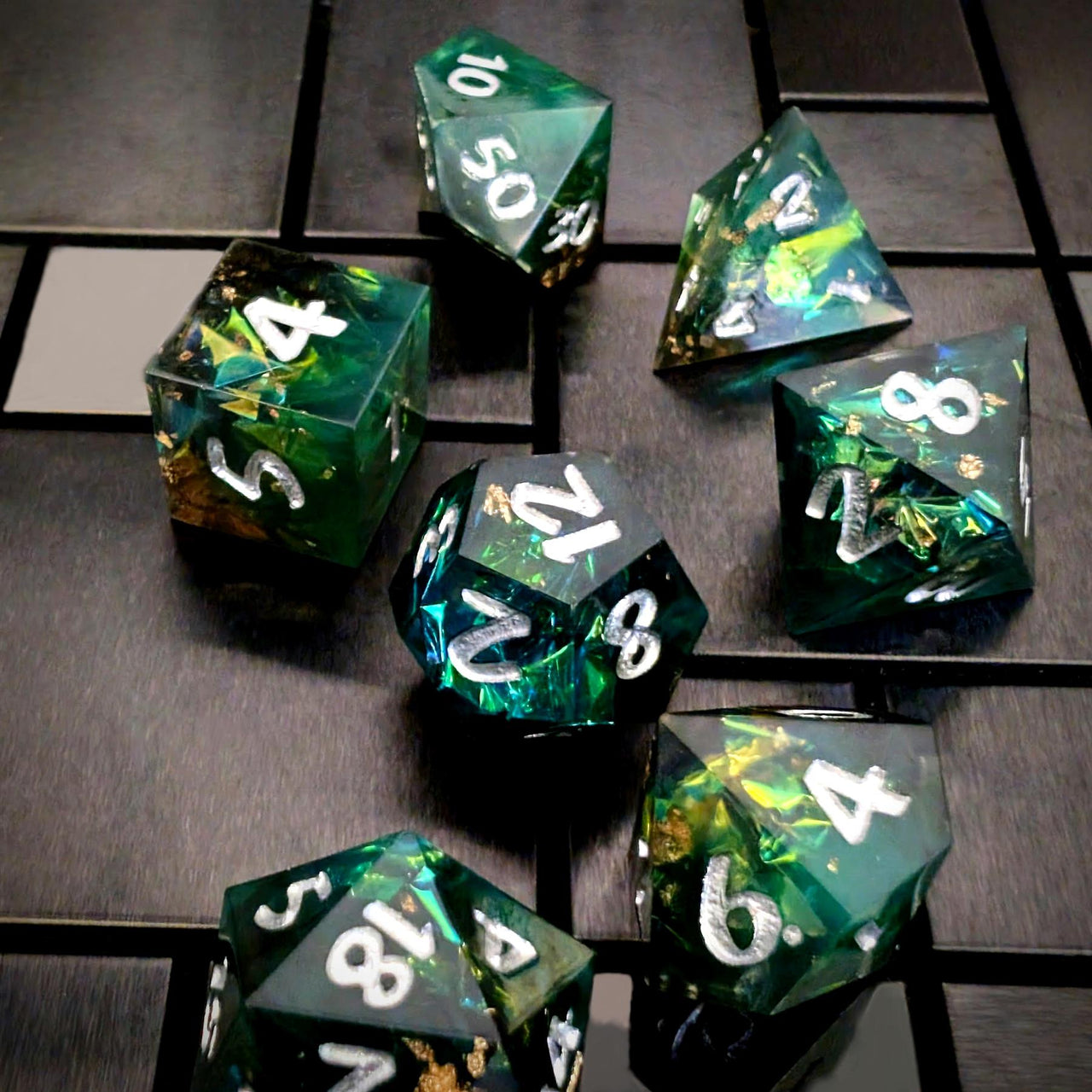 Candy in Green & Black Sharp Resin - 7pcs RPG Dice Set