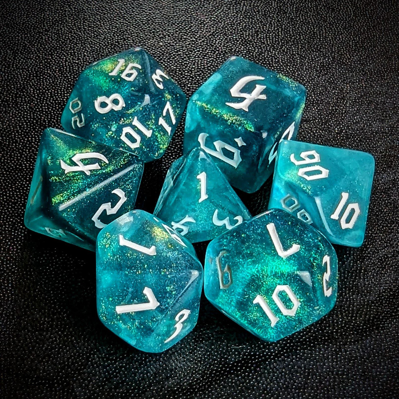 Glitter in Blue & Green Acrylic - 7pcs RPG Full Dice Set Top