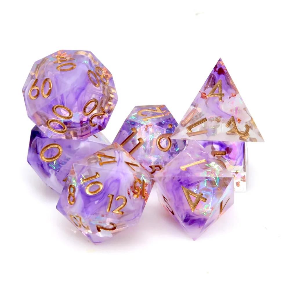 Purple Swirl in Clear with Copper Candy Sharp Resin - 7pcs RPG Dice Set