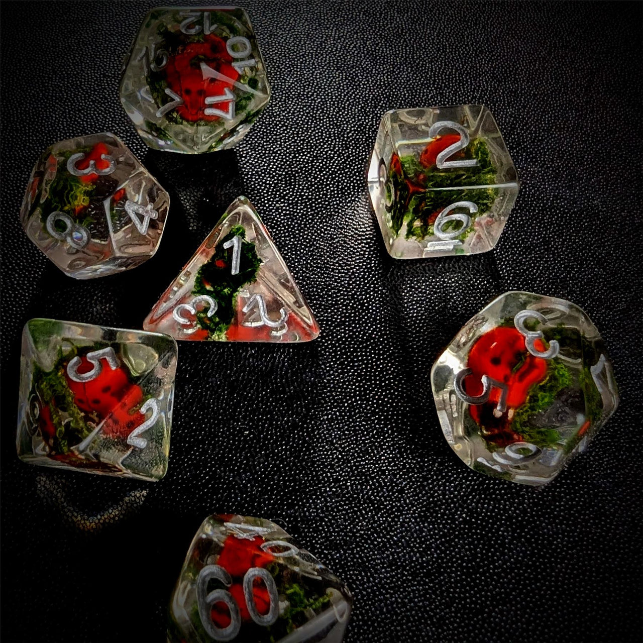 Ladybird in Moss Clear Resin - 7pcs RPG Full Dice Set