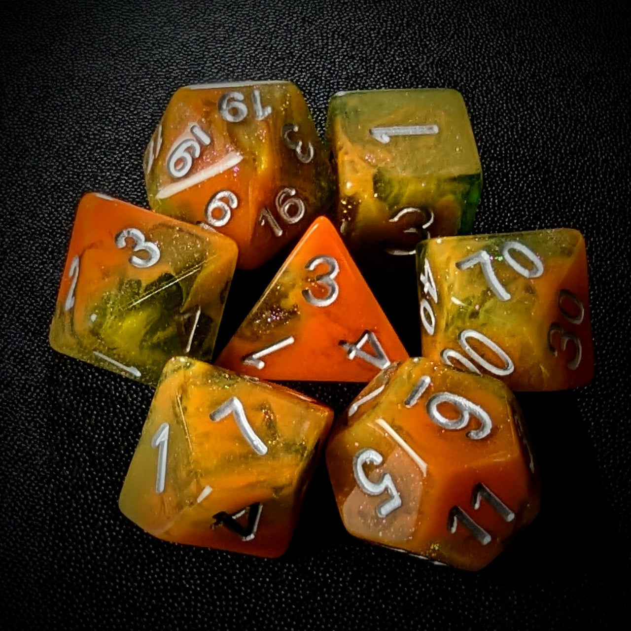 Glitter in Orange & Green Resin - 7pcs RPG Full Dice Set