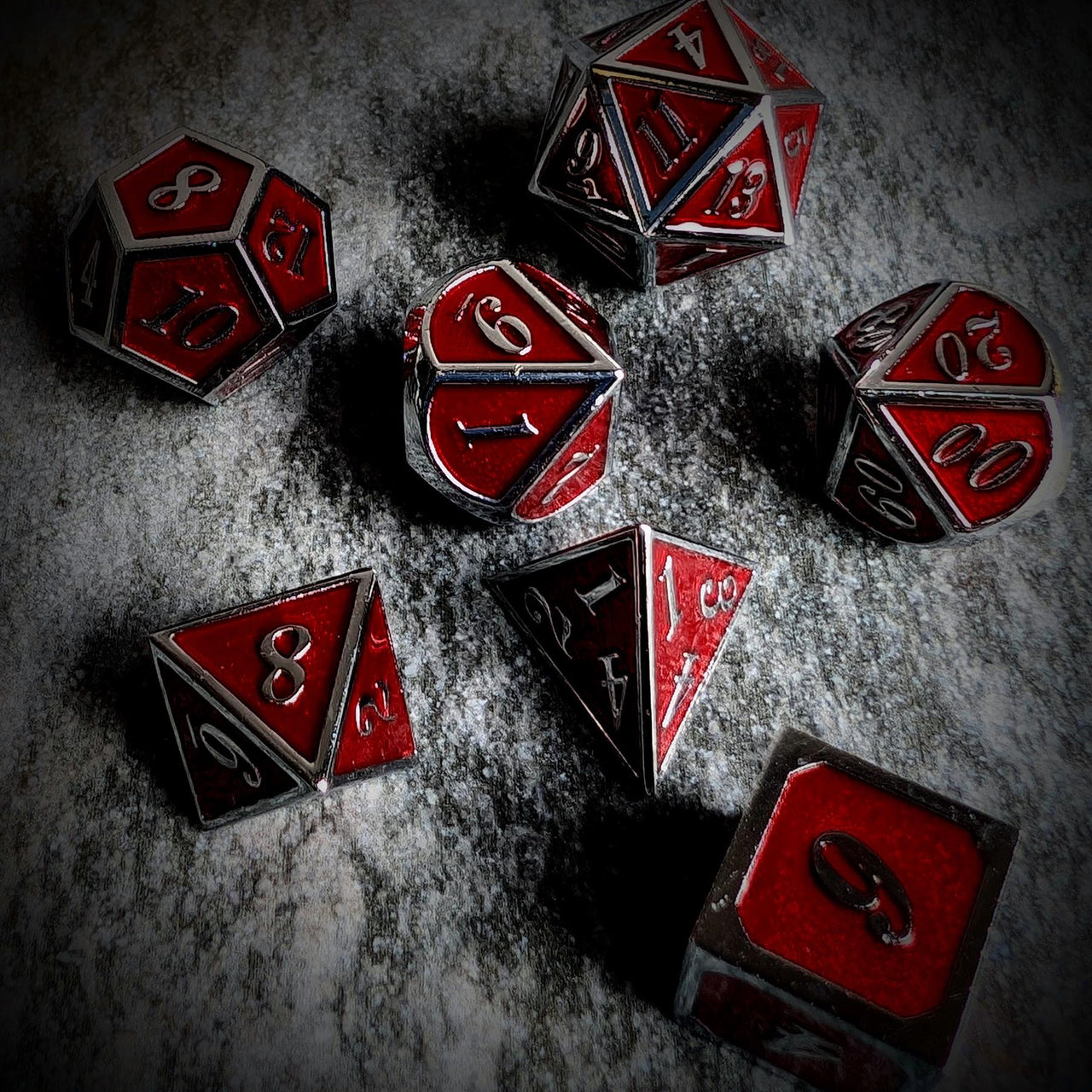 Red Enamel in Silver Metal - 7pcs RPG Dice Set