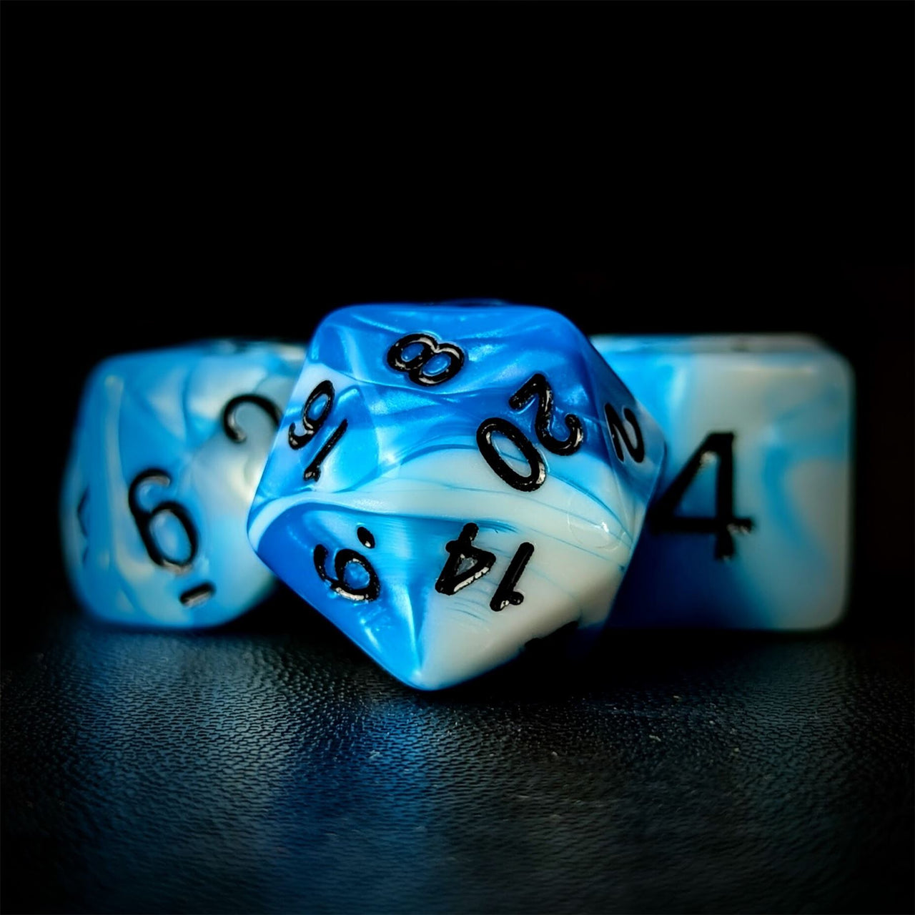 Blend of White & Blue Acrylic - 7pcs RPG Full Dice Set Close