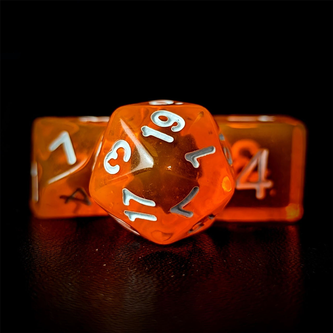 Clear Orange Acrylic - 7pcs RPG Full Dice Set Close