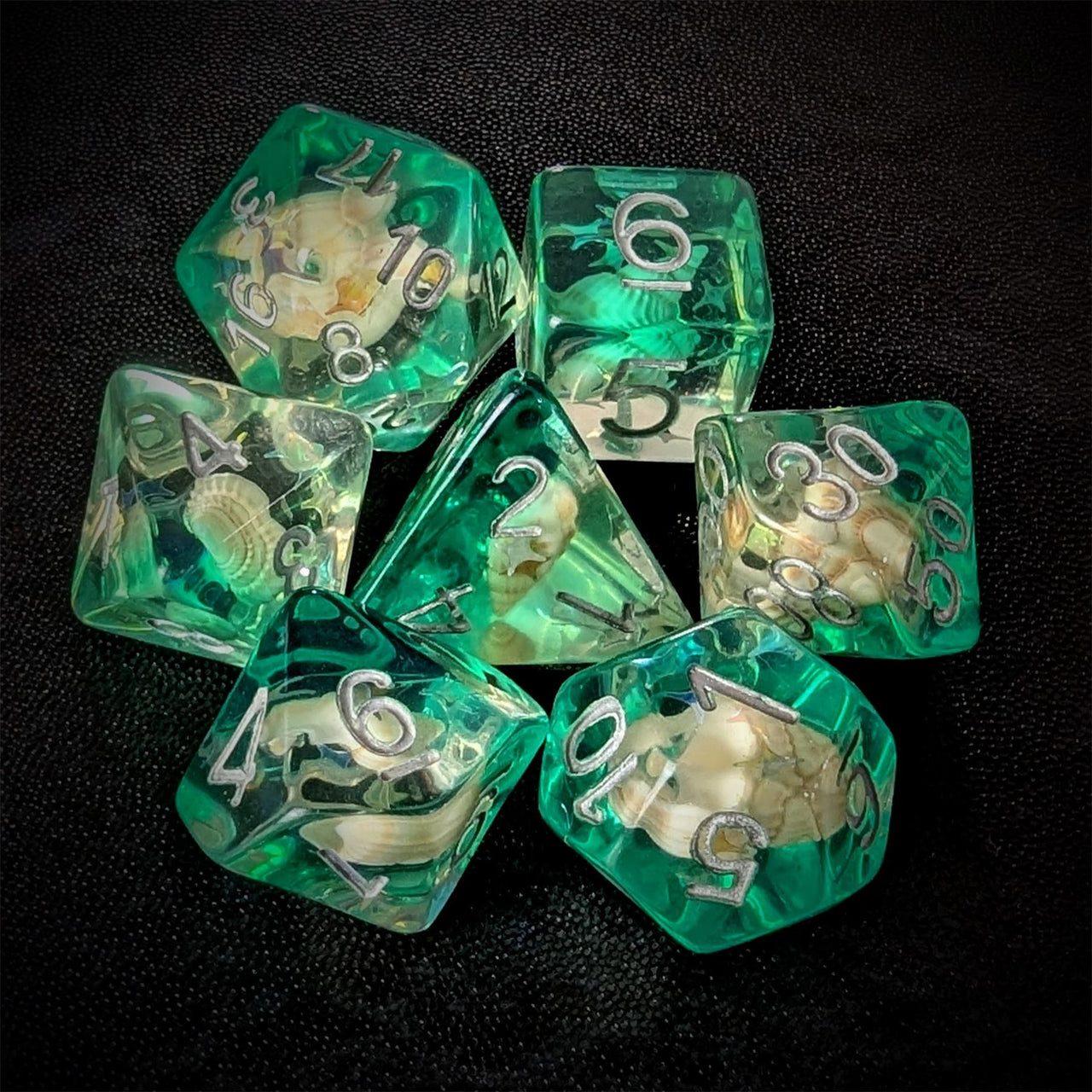 Shell in Clear & Teal Resin - 7pcs RPG Full Dice Set