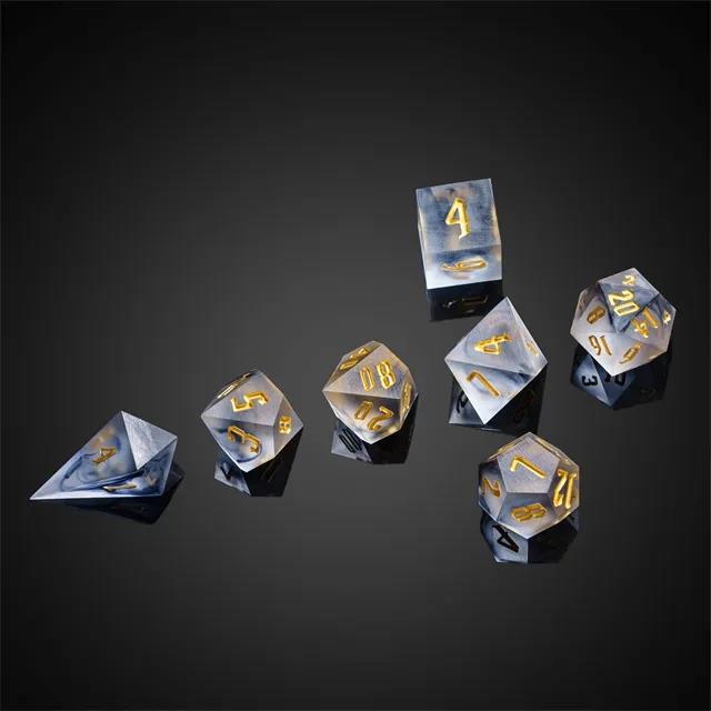 Black Swirl in Frosted Clear Sharp Resin - 7pcs RPG Dice Set