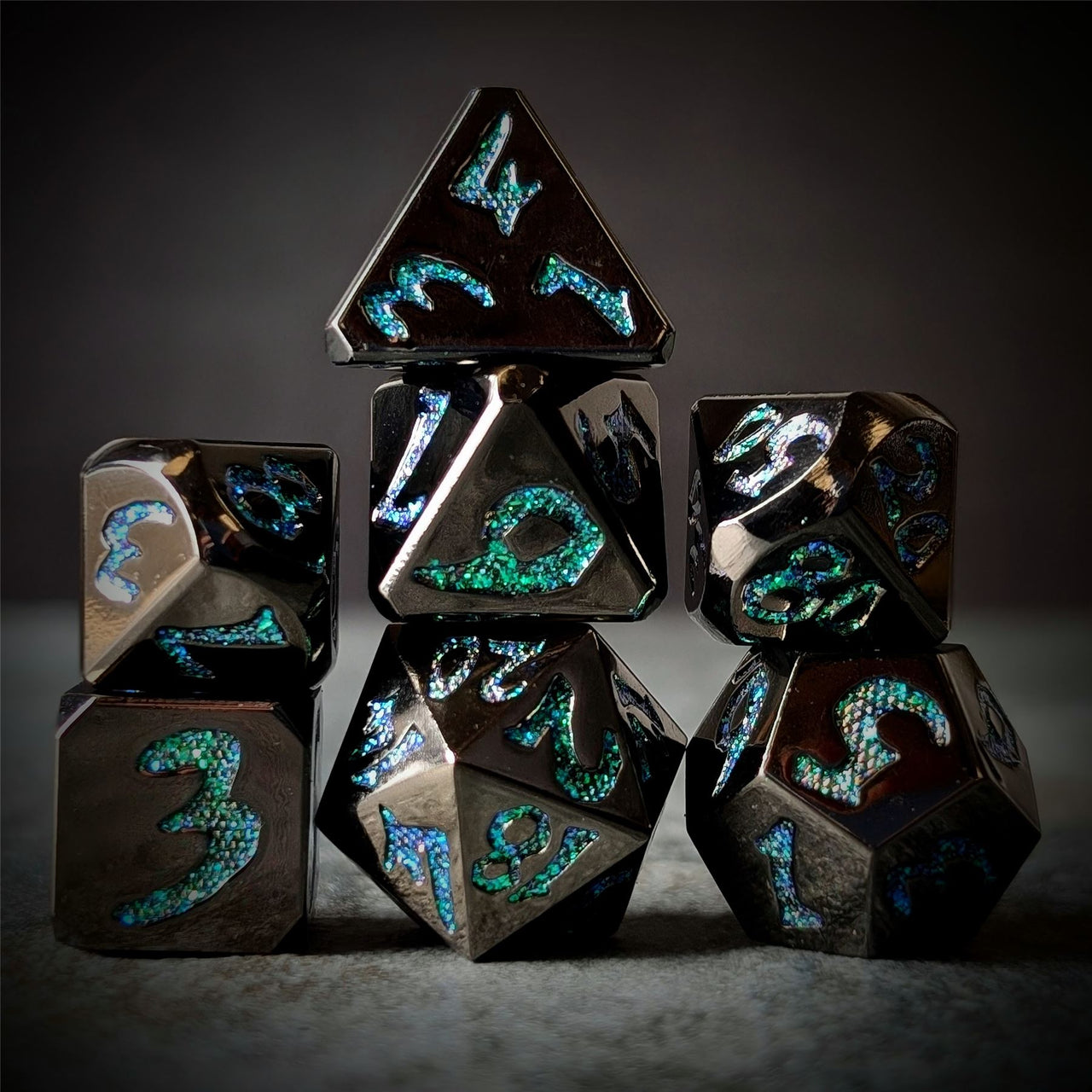 Black & Green Font in Black Metal - 7pcs RPG Dice Set