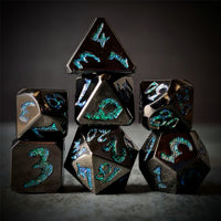 Thumbnail for Black & Green Font in Black Metal - 7pcs RPG Dice Set