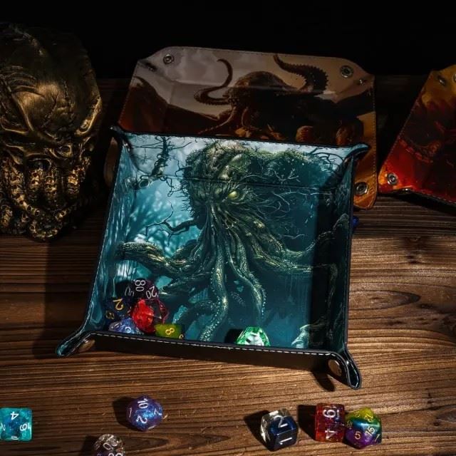 Cthulu on Grey PU Leather - Square Hard Dice Tray