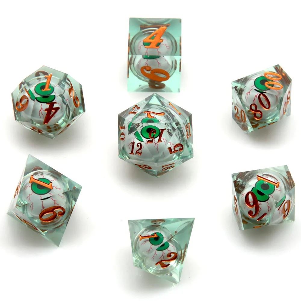 Eye Ball in Green & Clear Liquid Filled Sharp Resin - 7pcs RPG Dice Set