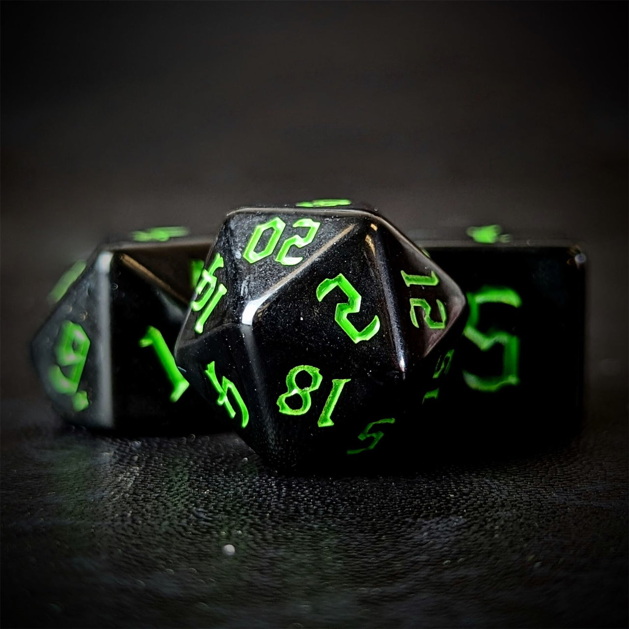 Green on Solid Black Acrylic - 7pcs RPG Full Dice Set Close