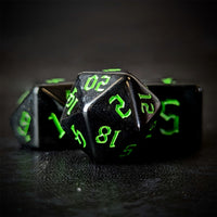 Thumbnail for Green on Solid Black Acrylic - 7pcs RPG Full Dice Set Close