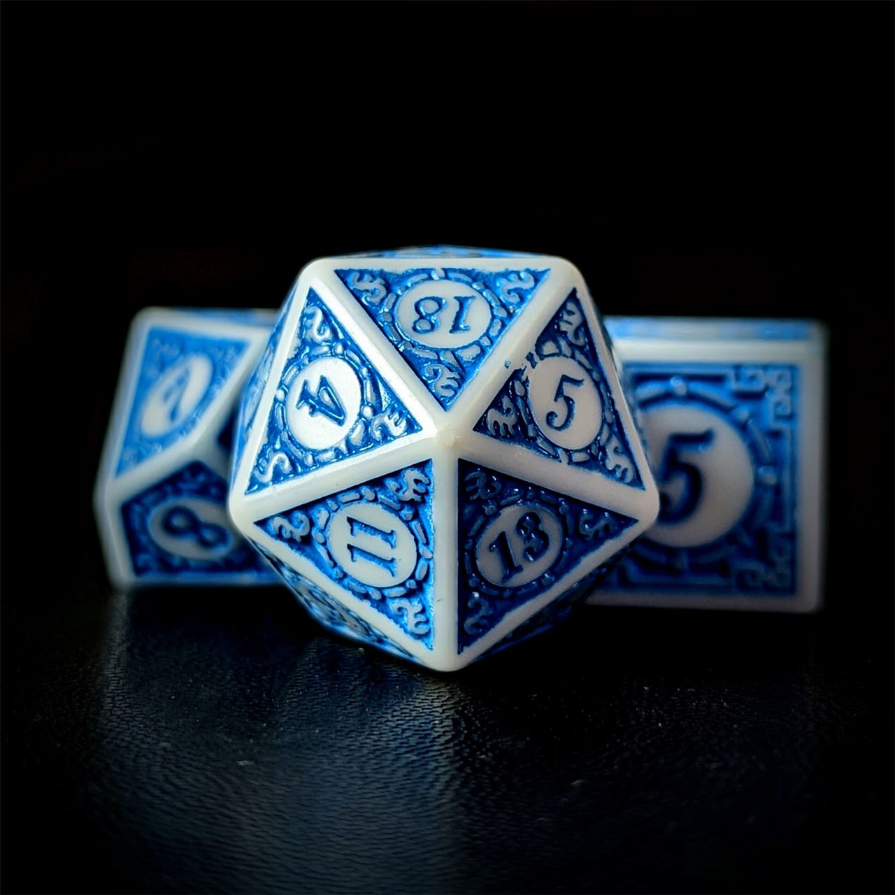 Blue Lattice on White Acrylic - 7pcs RPG Full Dice Set Close