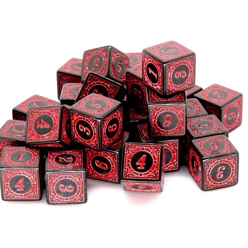 16mm Black & Red Acrylic Lattice  - 6pcs D6 RPG Dice Set