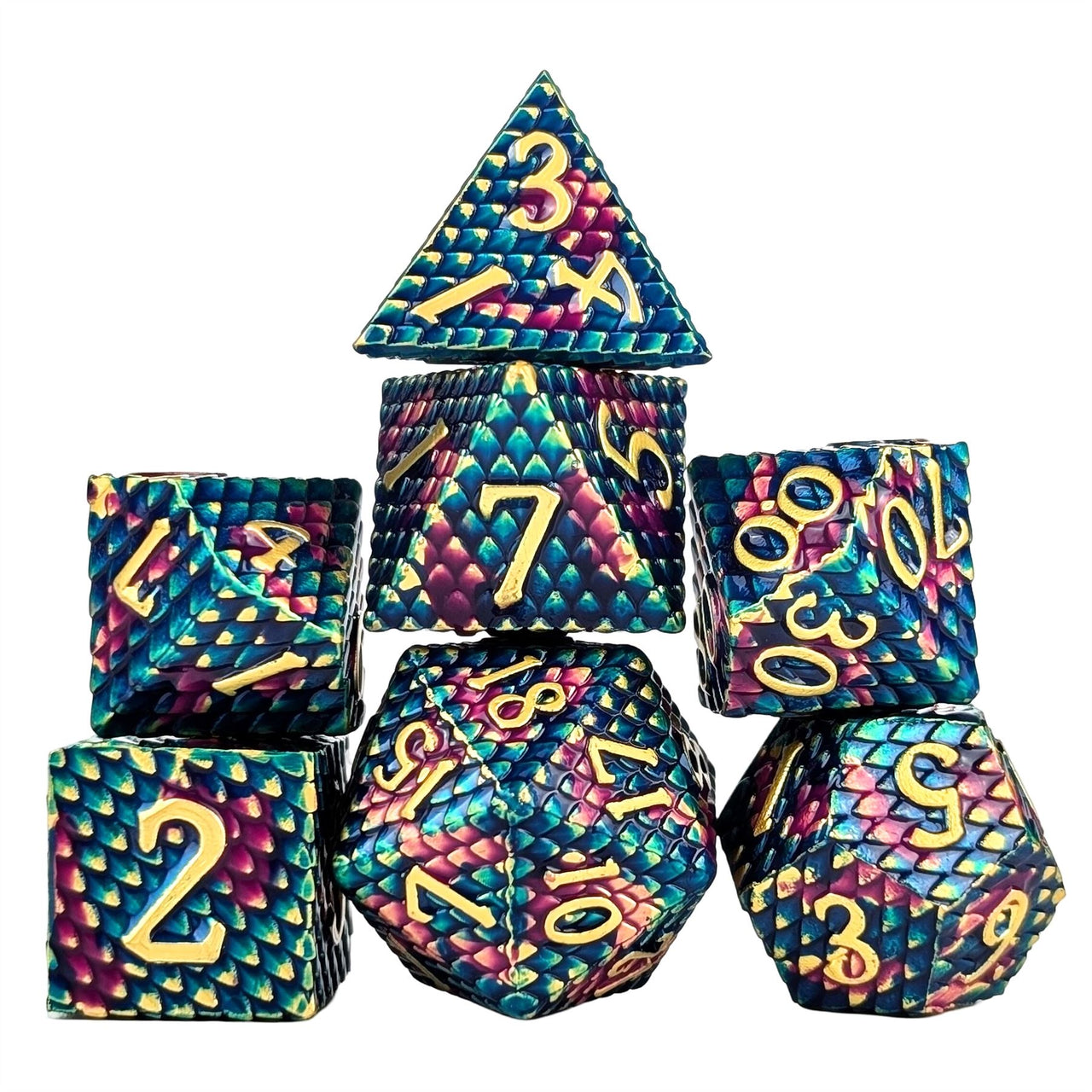 Blue & Burgundy Dragon Scale Metal - 7pcs RPG Dice Set