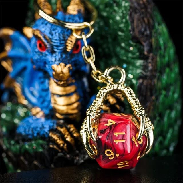 Red & Black Acrylic in  Gold Metal Claw - D20 Keyring