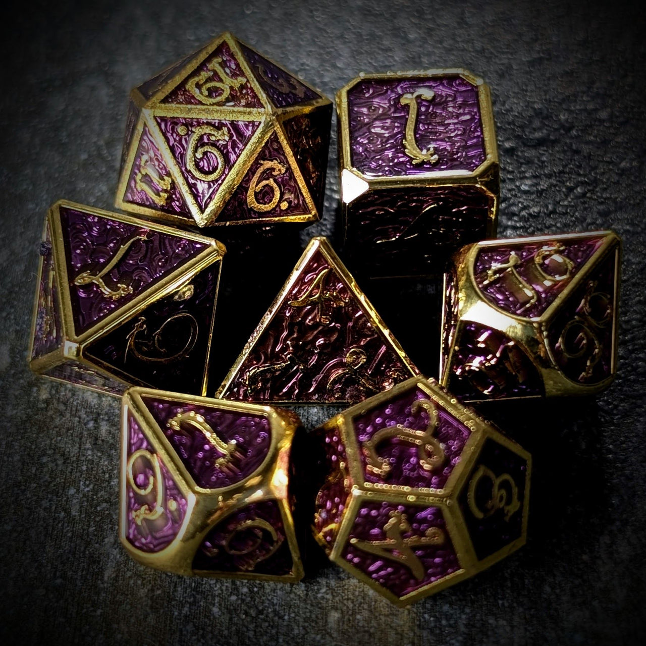 Purple Enamel in Gold Metal - 7pcs RPG Dice Set