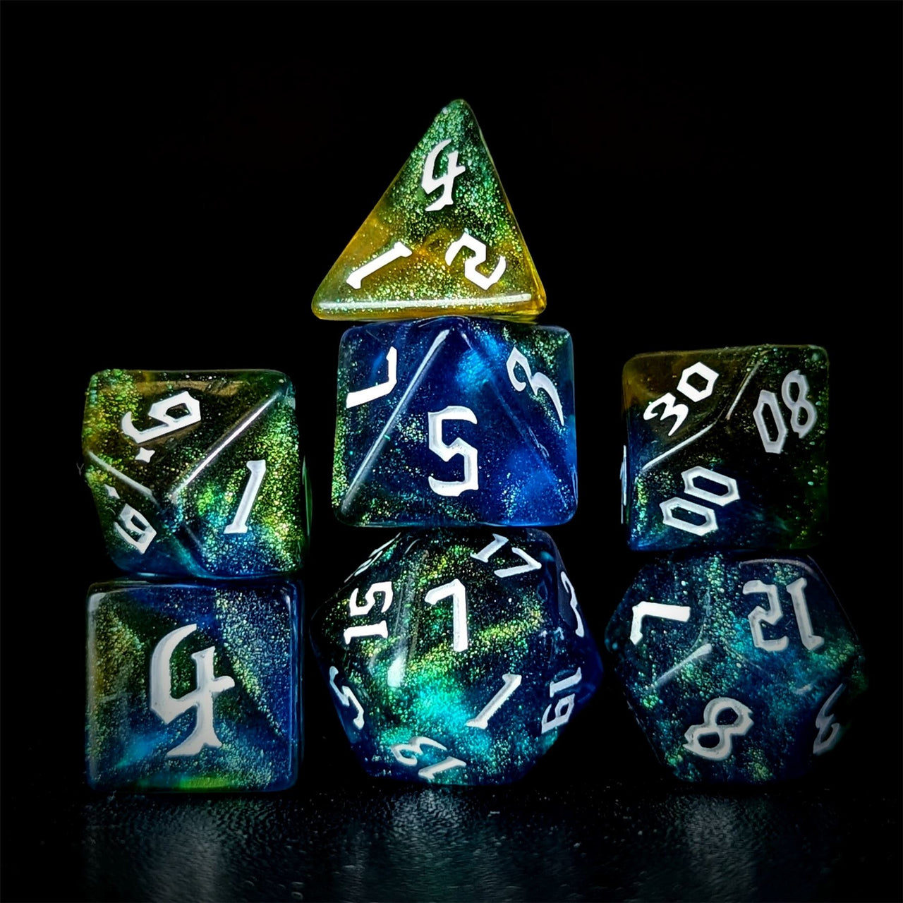 Glitter in Blue & Yellow Acrylic - 7pcs RPG Full Dice Set Dark Stack