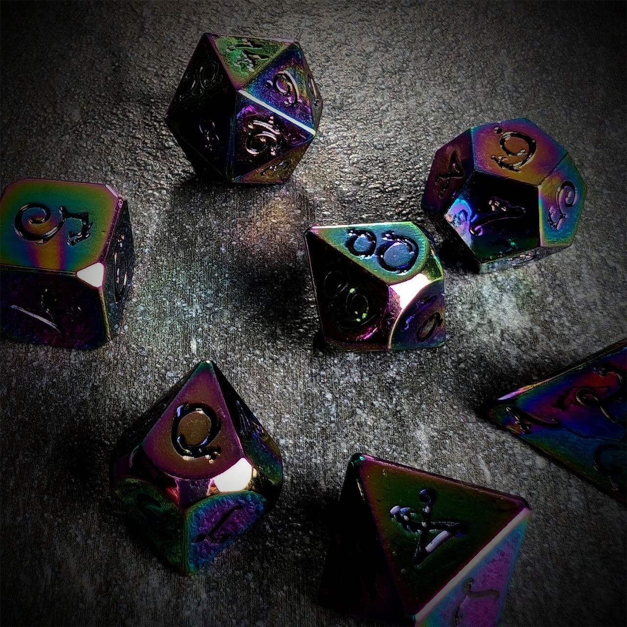 Rainbow Metal with Purple Dragon Font - 7pcs RPG Dice Set