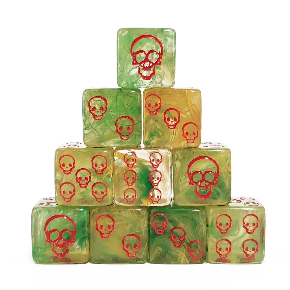 6pcs D6 16mm Dice Acrylic Swirl Skull Pip Red Font Yellow Green