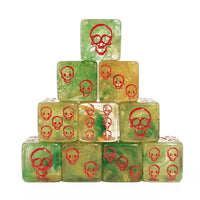 Thumbnail for 6pcs D6 16mm Dice Acrylic Swirl Skull Pip Red Font Yellow Green