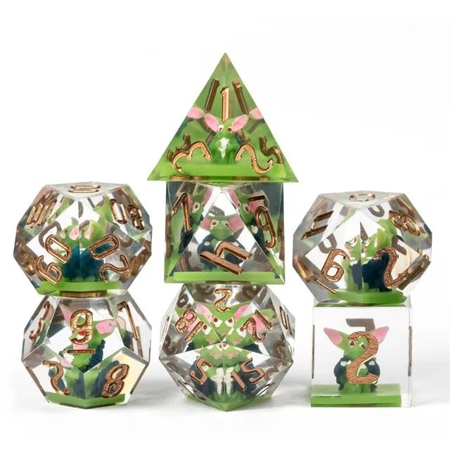 Goblin in Green & Clear Filled Sharp Resin - 7pcs RPG Dice Set