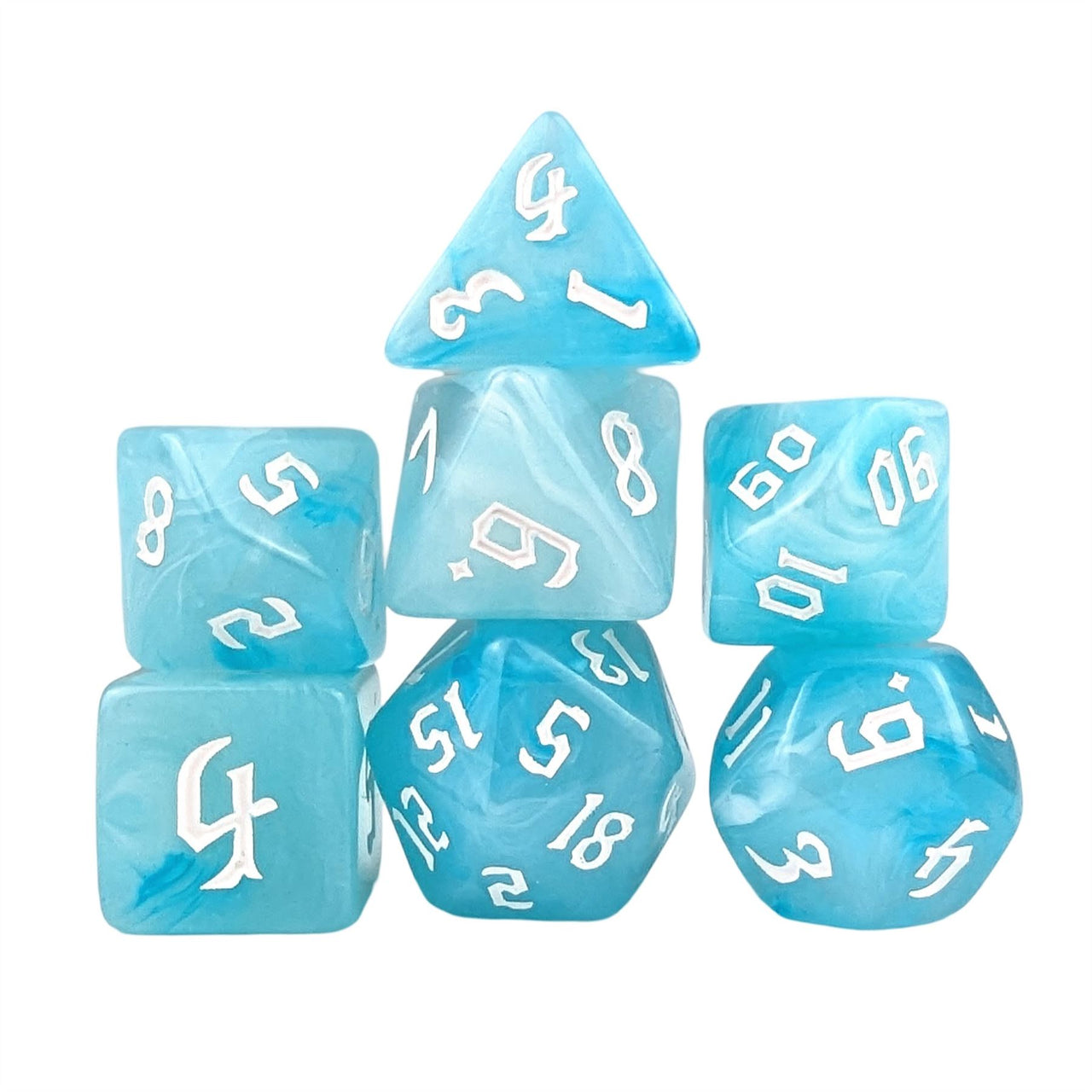 Light Blue Silk Acrylic - 7pcs RPG Full Dice Set White Stack