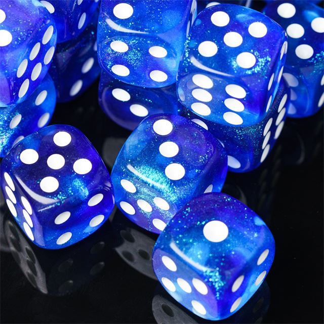 16mm Blue Acrylic with Glitter - 6pcs D6 RPG Dice Set