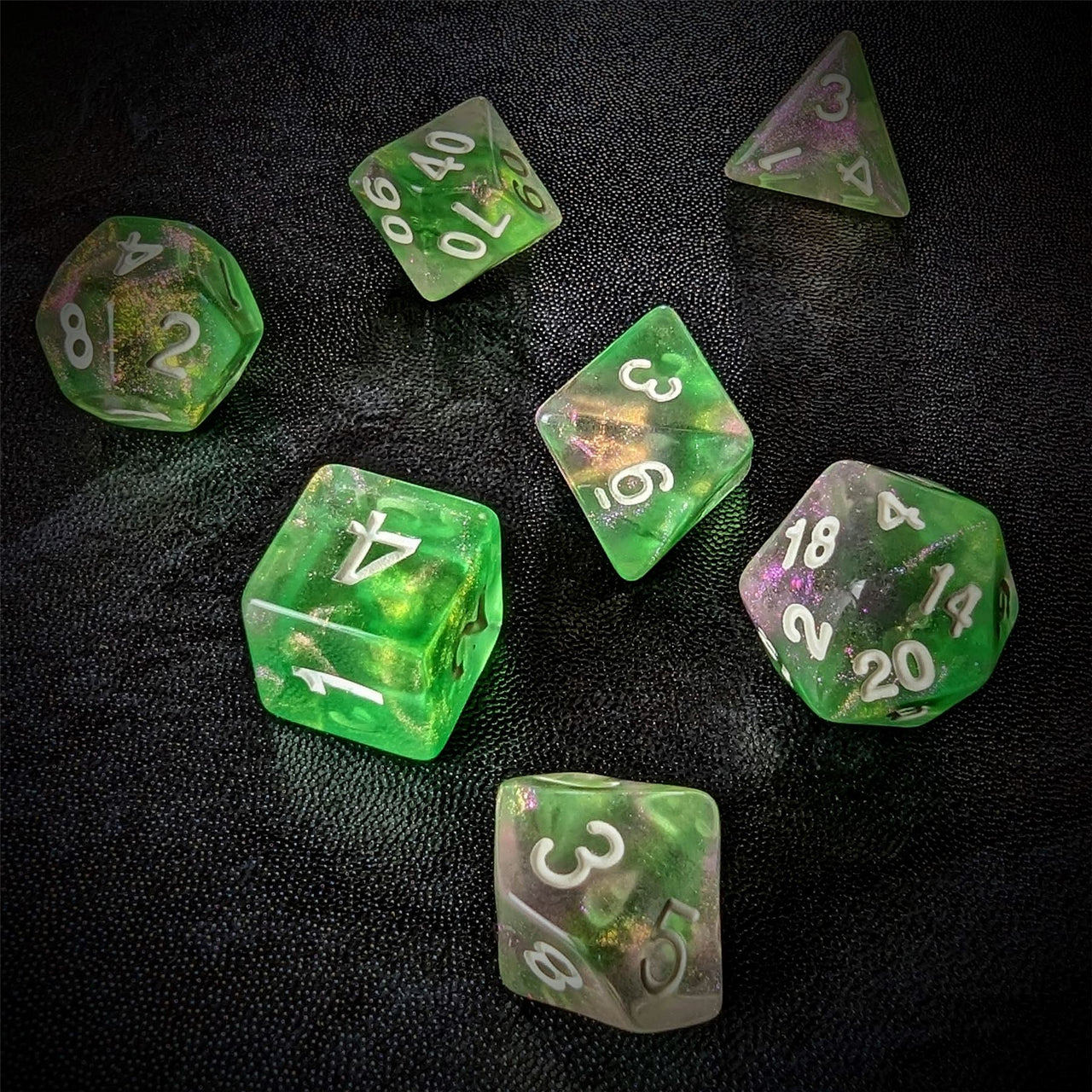 Glitter in Pink & Green in Clear Acrylic - 7pcs RPG Full Dice Set Scatter