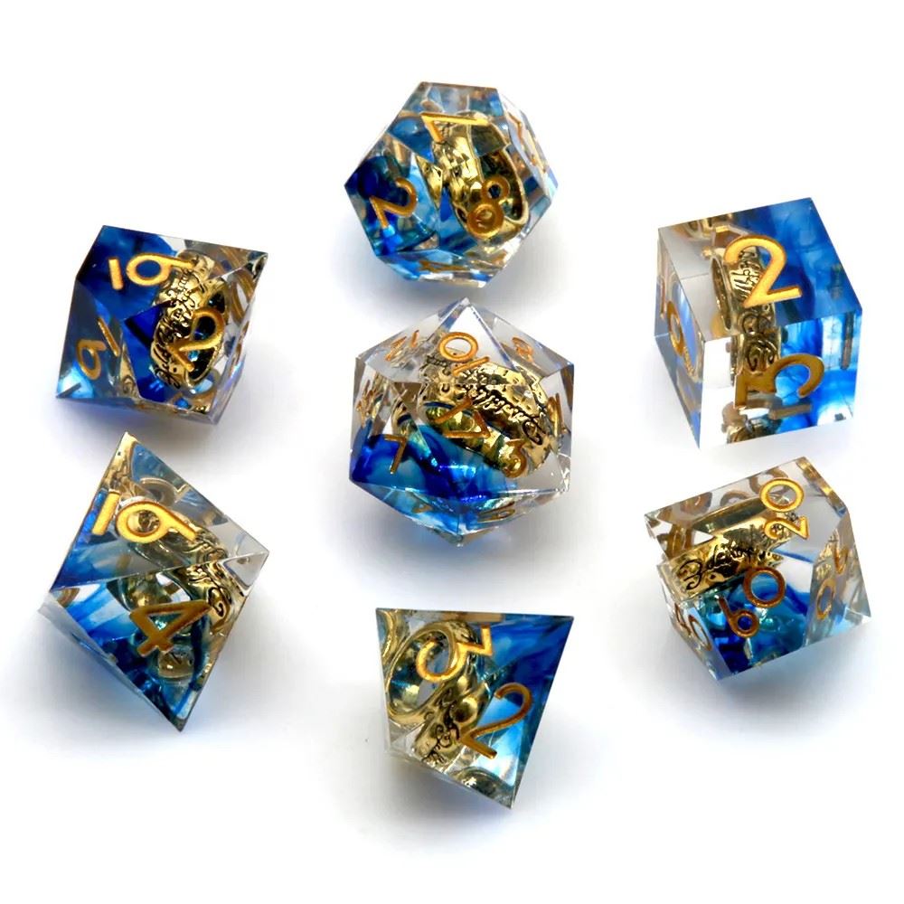 Gold Ring in Blue & Clear Filled Sharp Resin - 7pcs RPG Dice Set