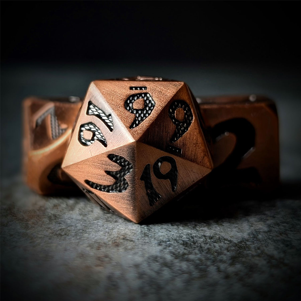 Black Font in Copper Metal - 7pcs RPG Dice Set