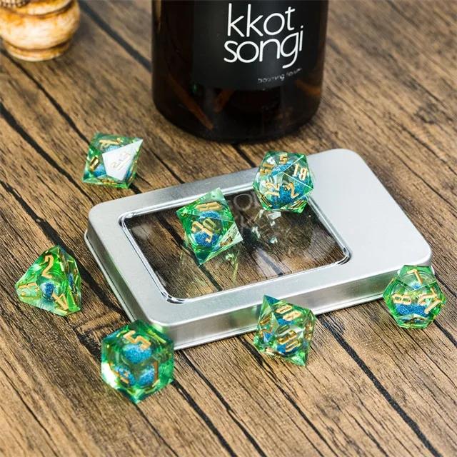 Blue Glitter in Green & Clear Liquid Filled Sharp Resin - 7pcs RPG Dice Set