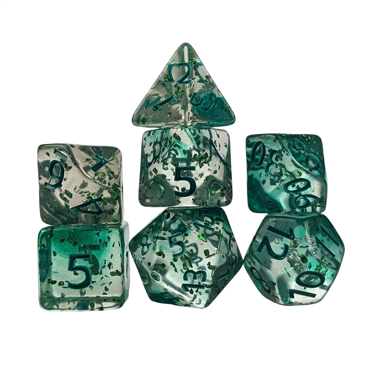 Glitter in Clear Green Acrylic - 7pcs RPG Full Dice Set White Stack