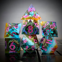 Thumbnail for 7pcs Dice Sharp Filled Tentacle Pink Font Blue Brown