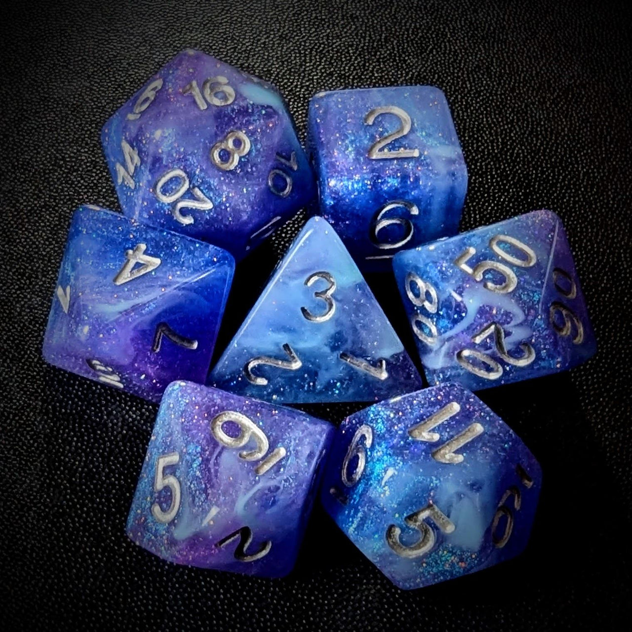 Glitter in Blue & Purple with White Resin - 7pcs RPG Full Dice Set