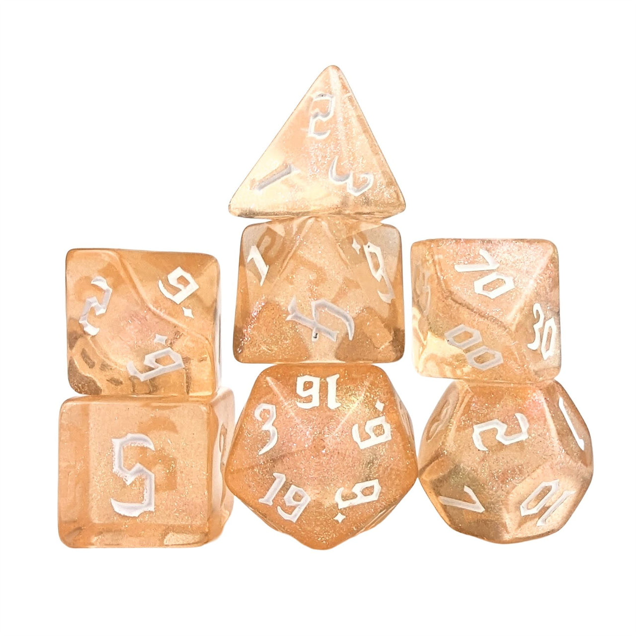 Glitter in Clear Orange Acrylic - 7pcs RPG Full Dice Set White Stack