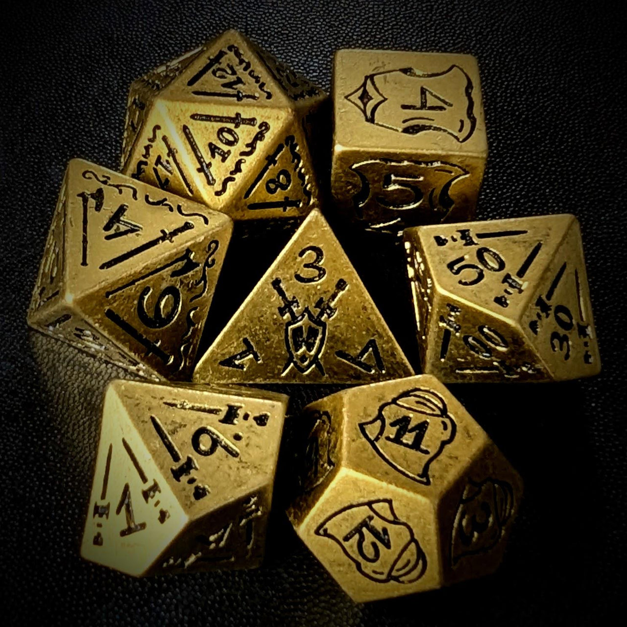 7pcs RPG Full Dice Set - Black Pattern on Gold Resin