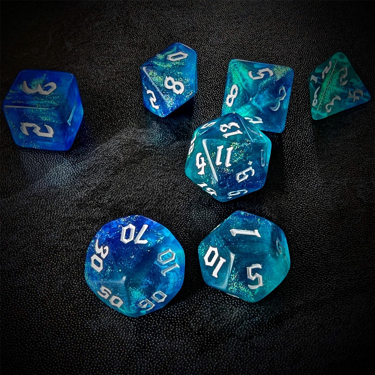 Glitter in Blue & Cyan Acrylic - 7pcs RPG Full Dice Set Scatter