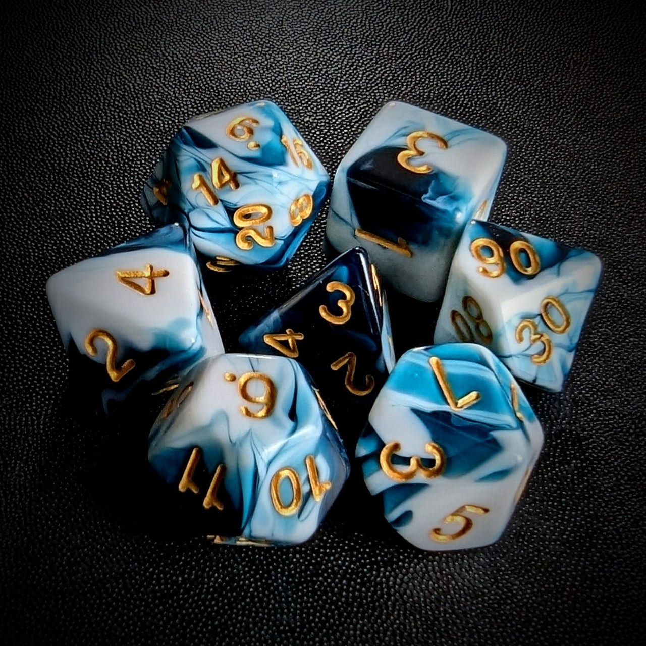 Blend of White & Blue Acrylic - 7pcs RPG Full Dice Set Top