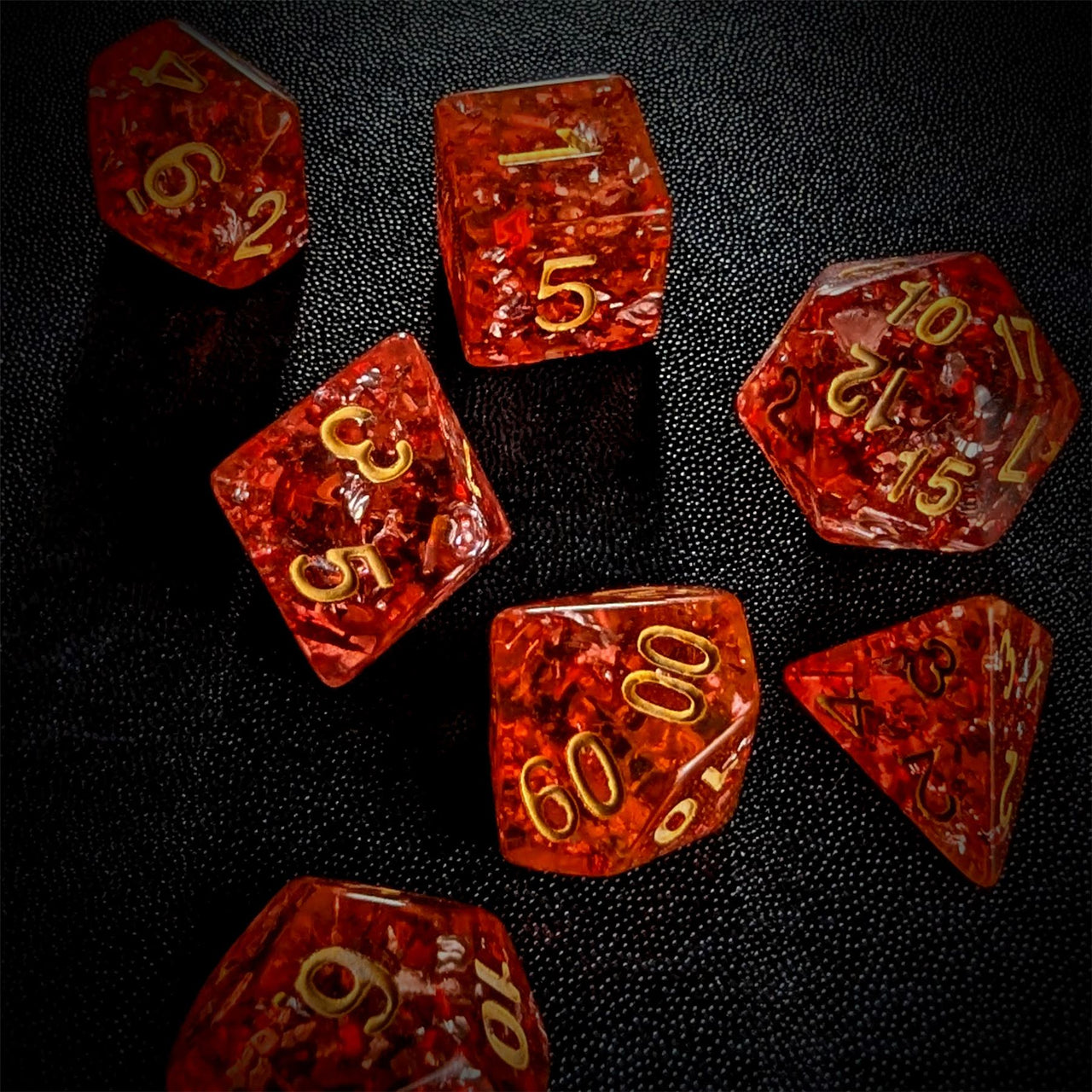 Silver Foil in Clear & Red Resin - 7pcs RPG Full Dice Set